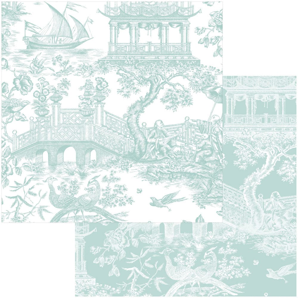 Chinoiserie Toile Reversible Gift Wrapping Paper in Robin&#39;s Egg - 30&quot; x 8&#39; Roll - The Preppy Bunny