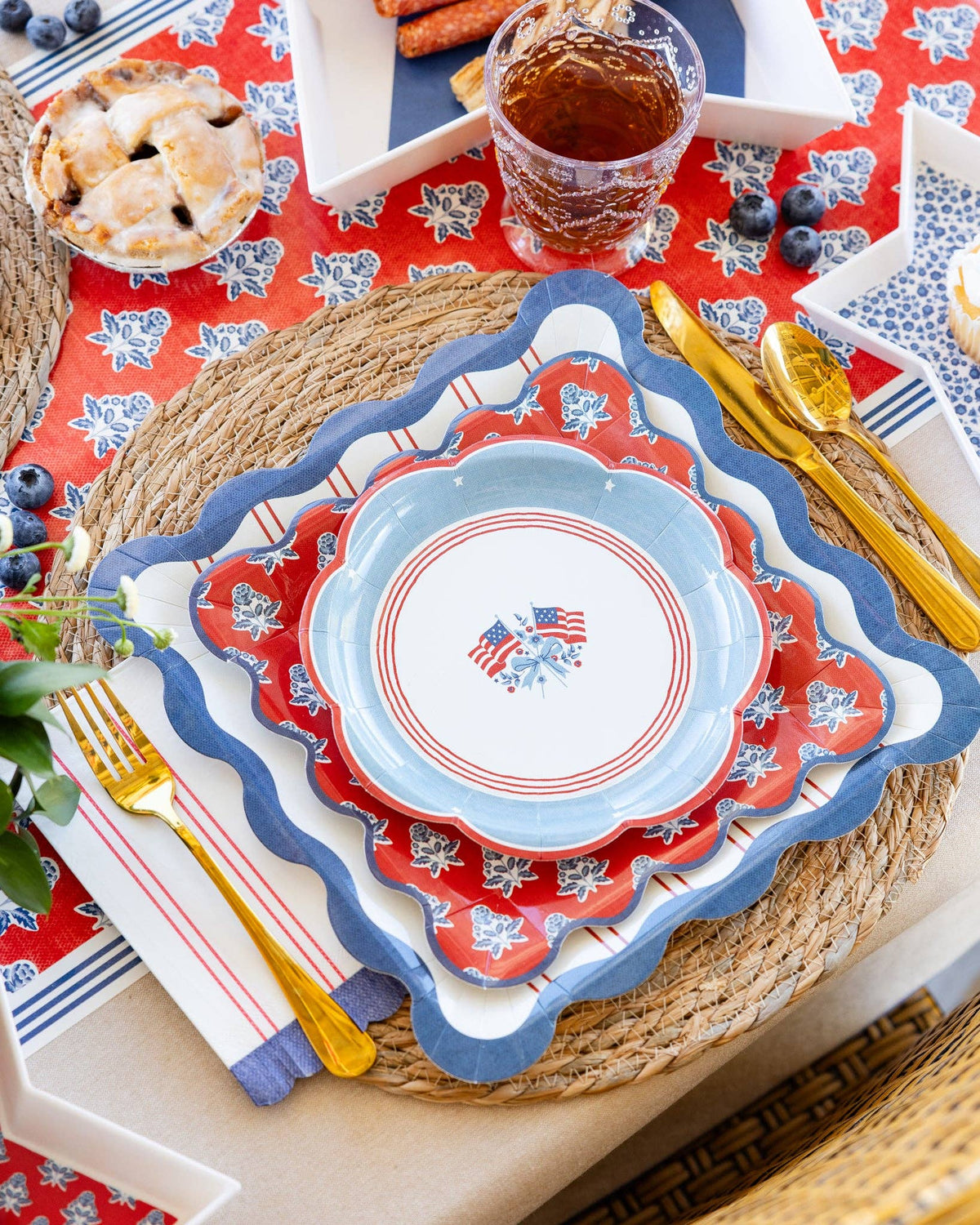 Red Block Floral Paper Plates - 9" - The Preppy Bunny