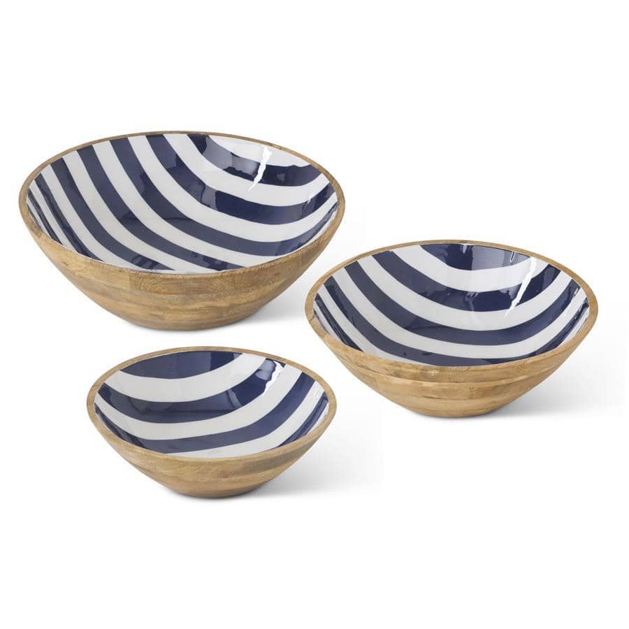 Blue &amp; White Stripe Wooden Bowl - 3 Sizes - The Preppy Bunny