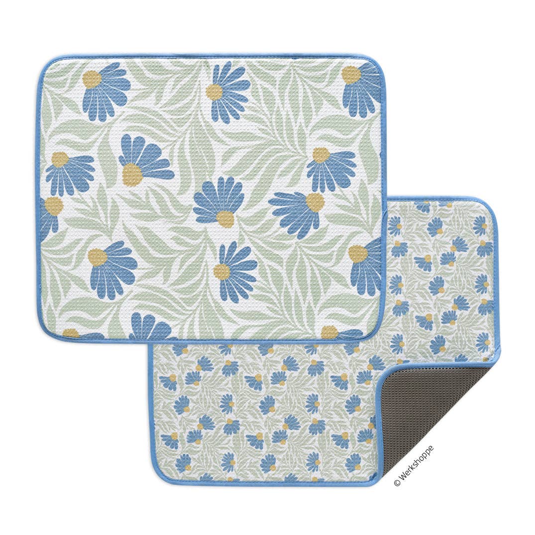 Blue Coneflower Microfiber Dish Drying Mats, Ultra Absorbent - The Preppy Bunny