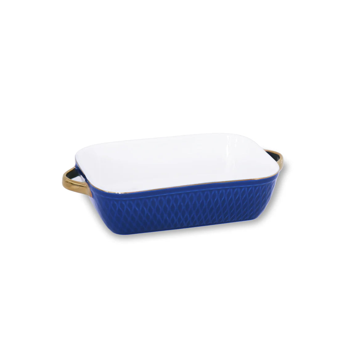 Ceramic Small Rectangular Baker with Gold Handles in Blue