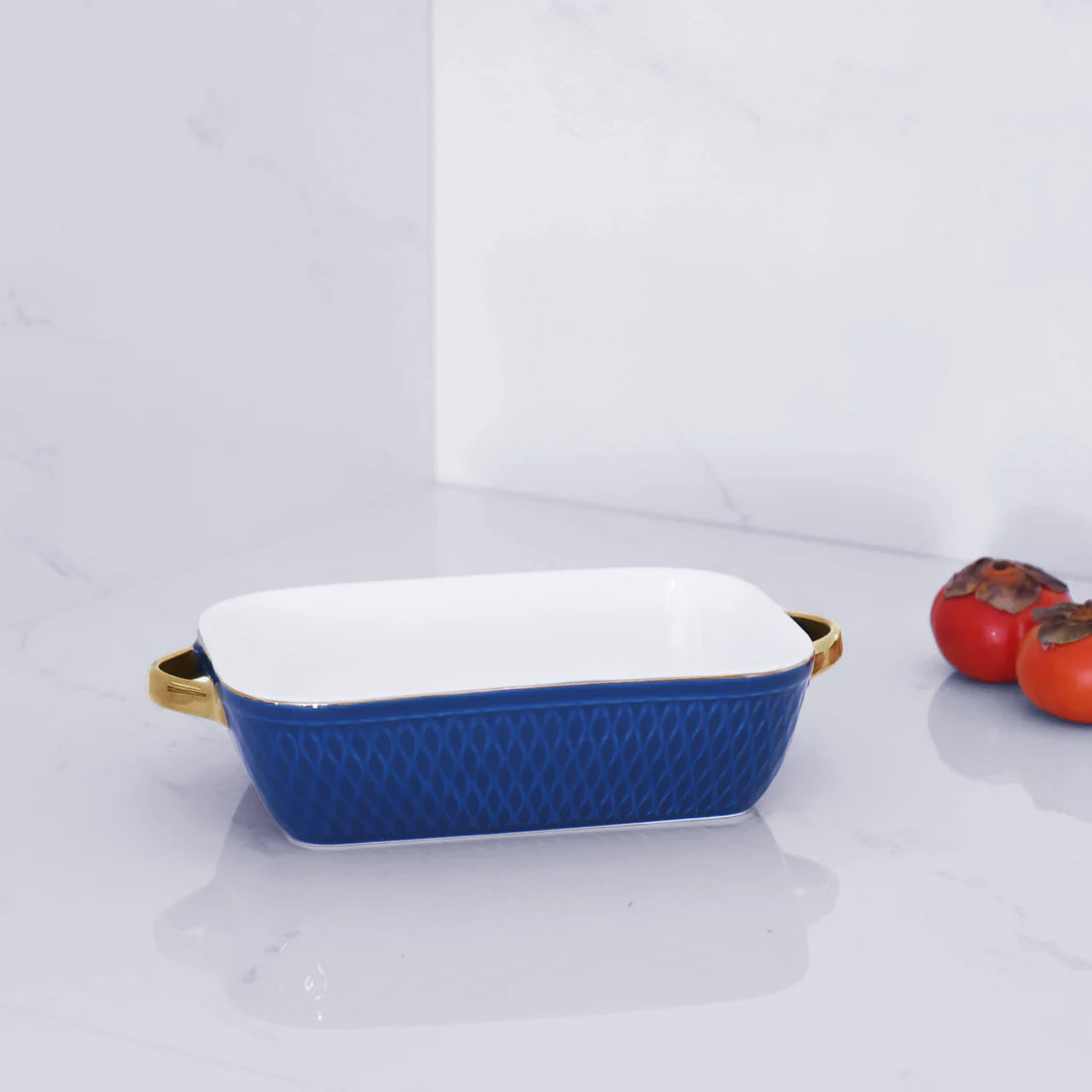 Ceramic Small Rectangular Baker with Gold Handles in Blue