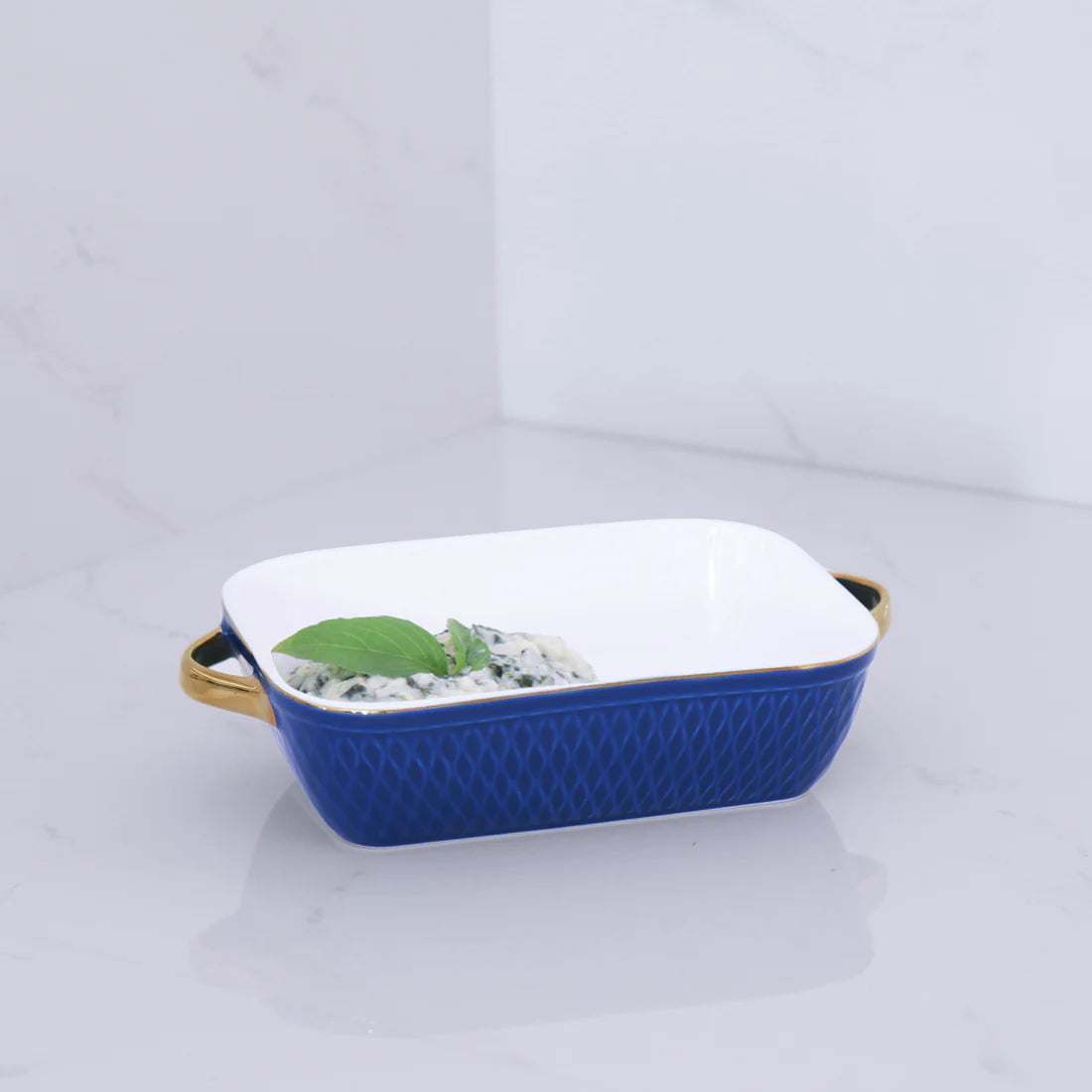 Ceramic Small Rectangular Baker with Gold Handles in Blue