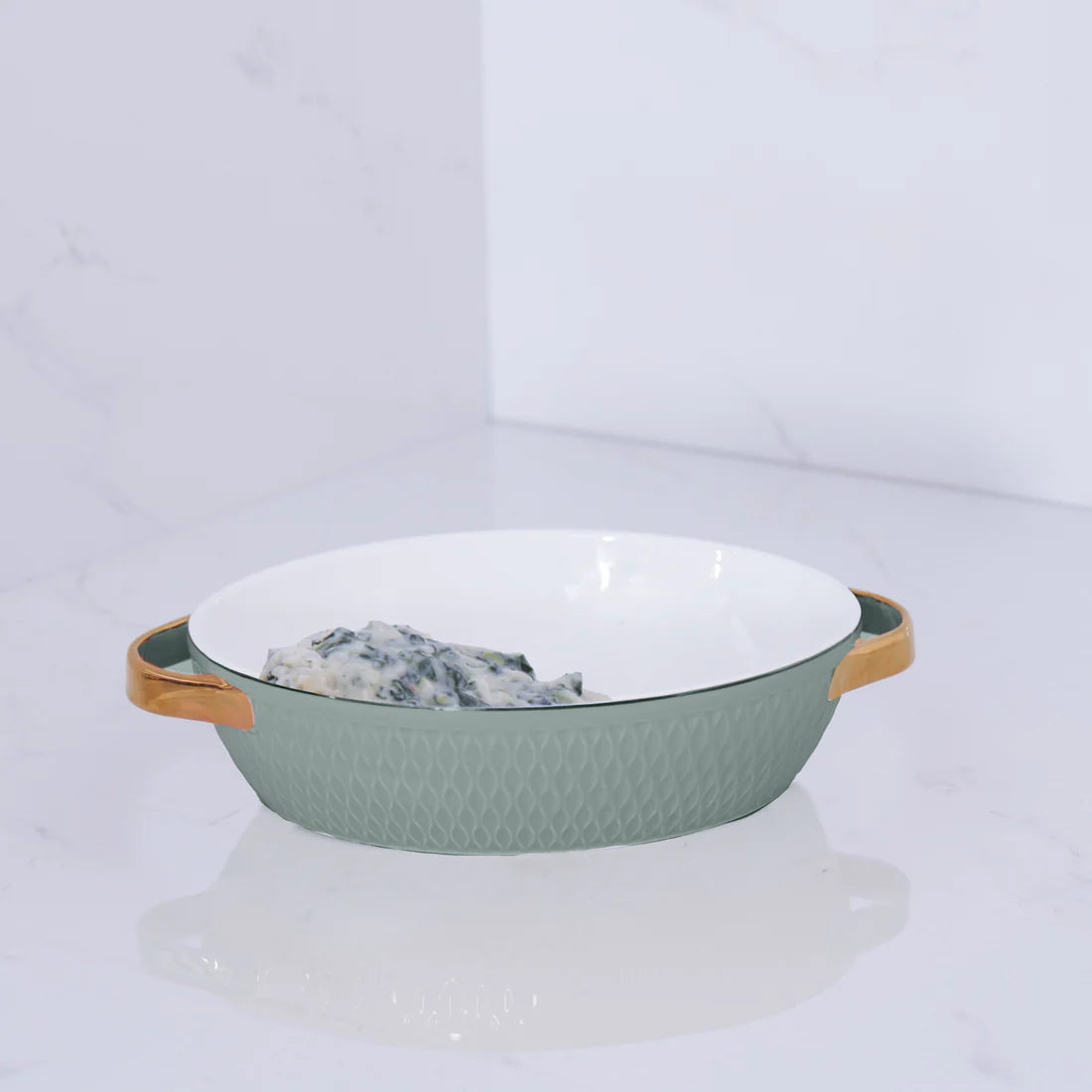 Ceramic Small Oval Baker with Gold Handles in Sage