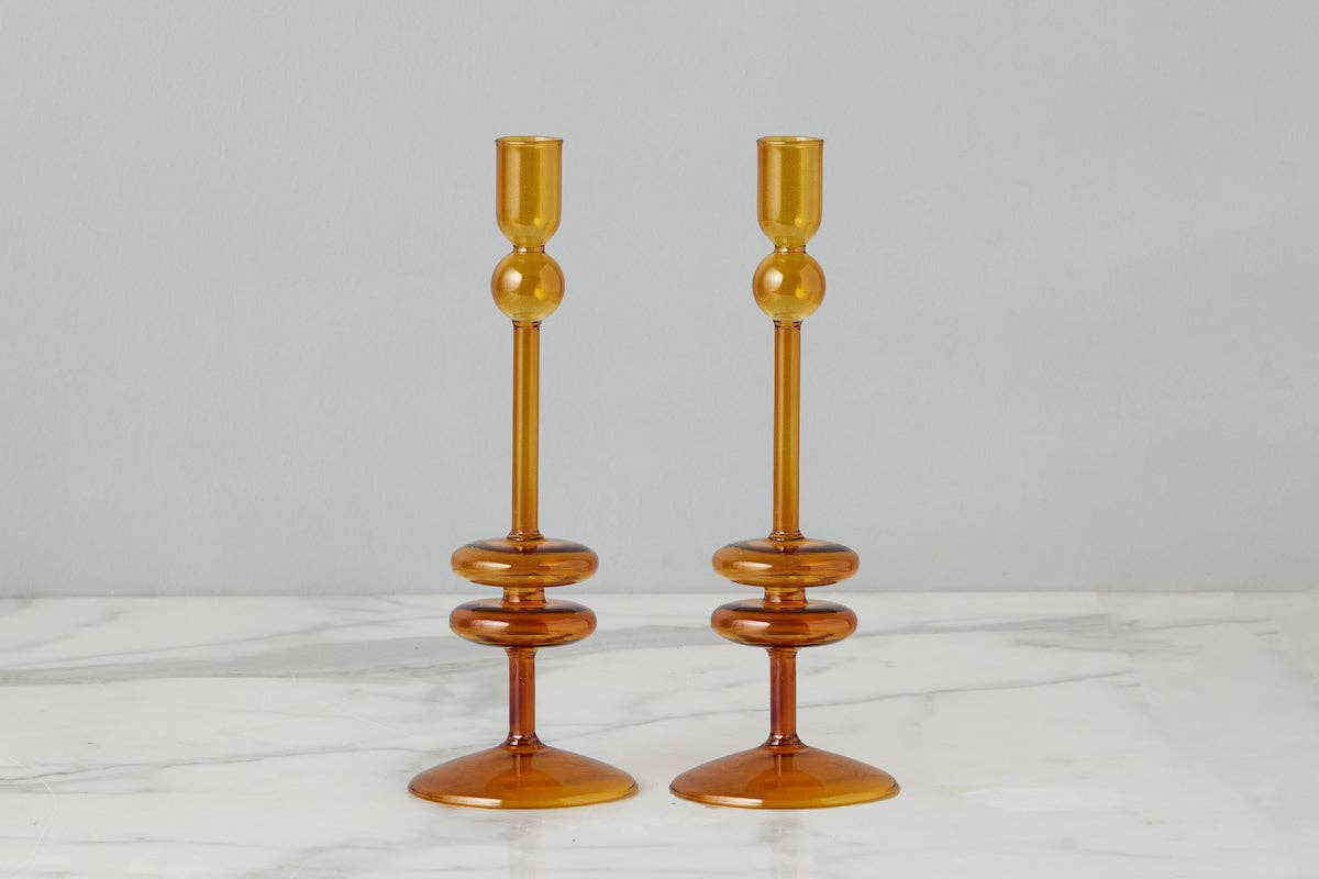 Glass Candlestick in Amber Orange - Medium - The Preppy Bunny
