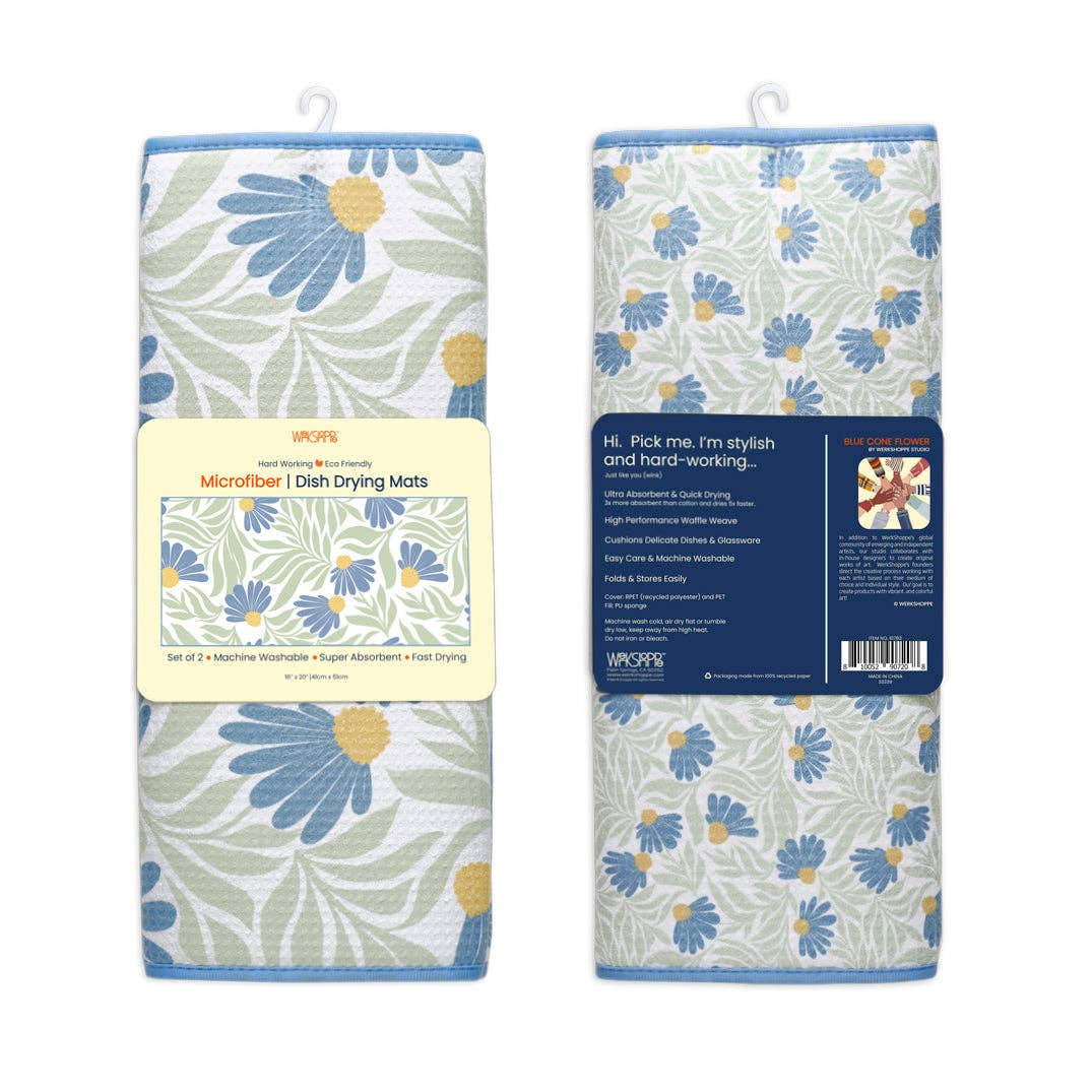 Blue Coneflower Microfiber Dish Drying Mats, Ultra Absorbent - The Preppy Bunny