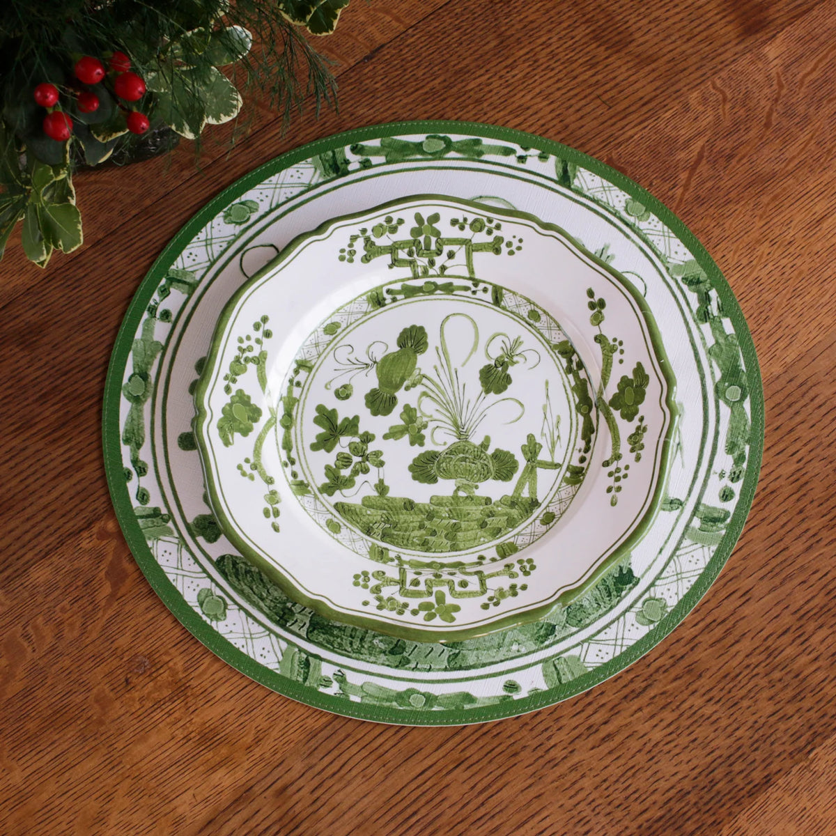 VIDA Faenza 11" Dinner Plate Set of 4 in White and Green - The Preppy Bunny