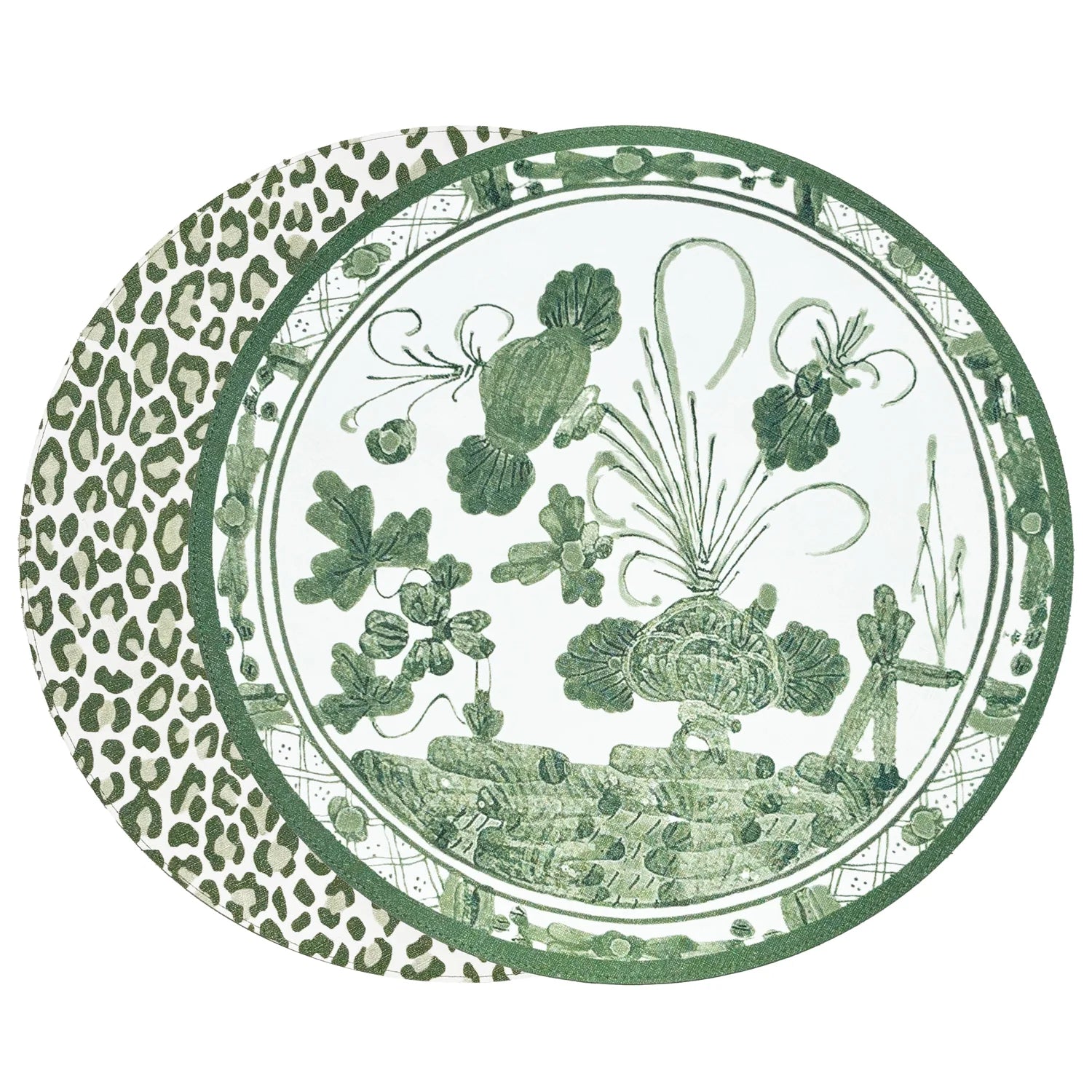 VIDA Faenza and Leopard Reversible Round Placemats Set of 4 White & Green - The Preppy Bunny