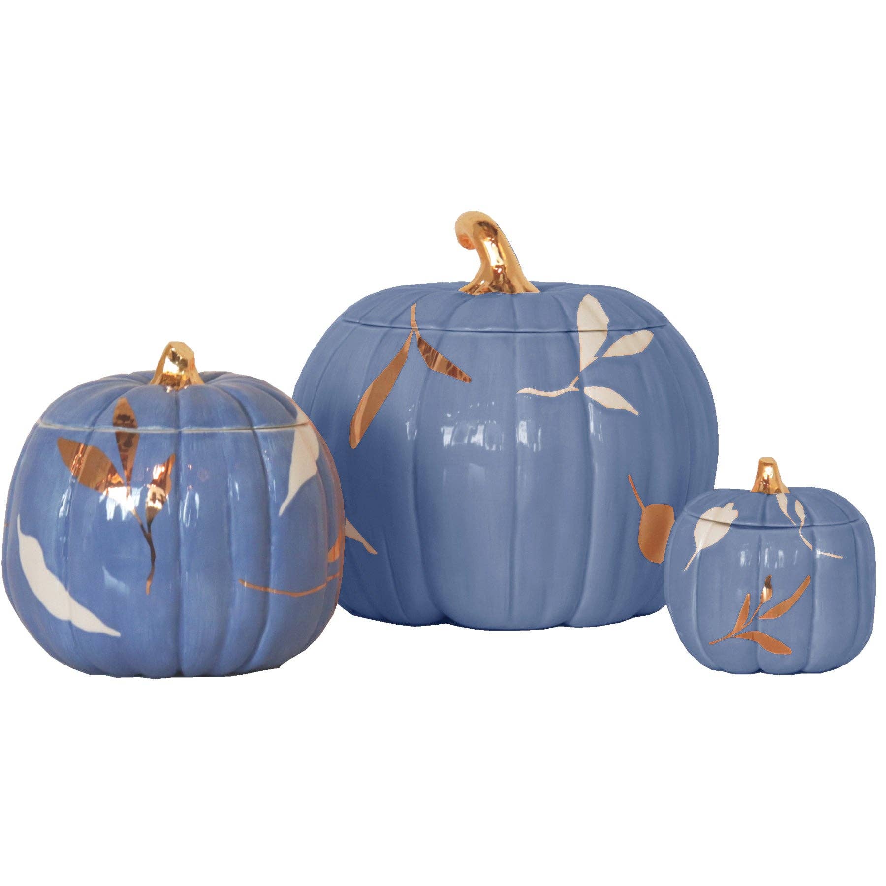 Layered Leaves Pumpkin Jars with 22K Gold Accents in French Blue - The Preppy Bunny