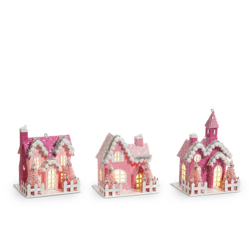 Lighted Pink Village Ornament - 3 styles