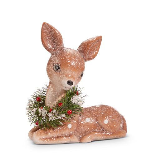 Retro Sitting Deer with Wreath