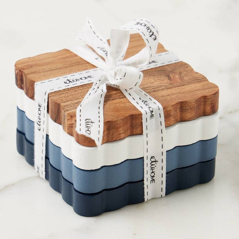 Scalloped Square Wood Coasters in Maritime Colors - Set of 4