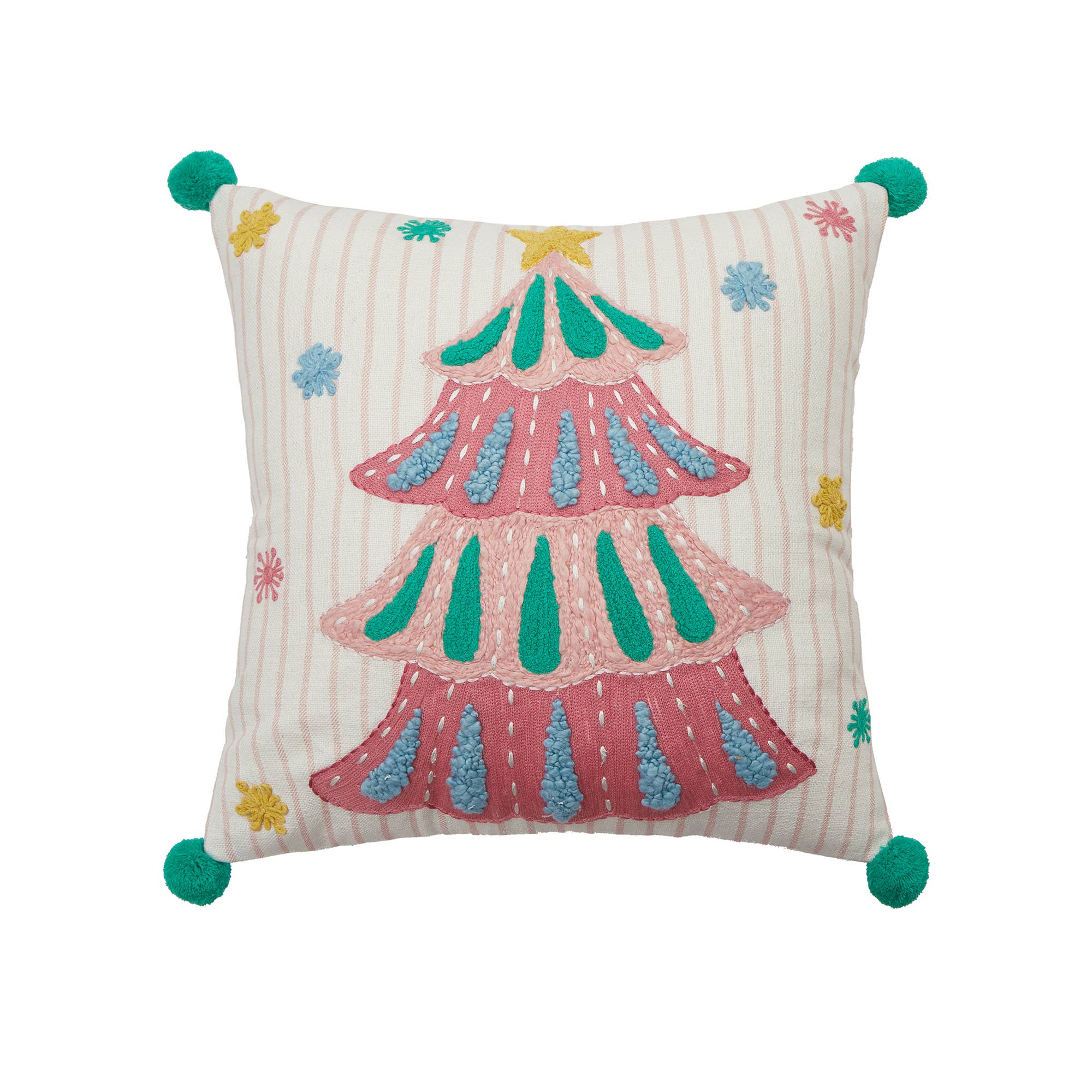 Holiday Bright's Tree w/Pom Poms Embroidered Pillow - The Preppy Bunny