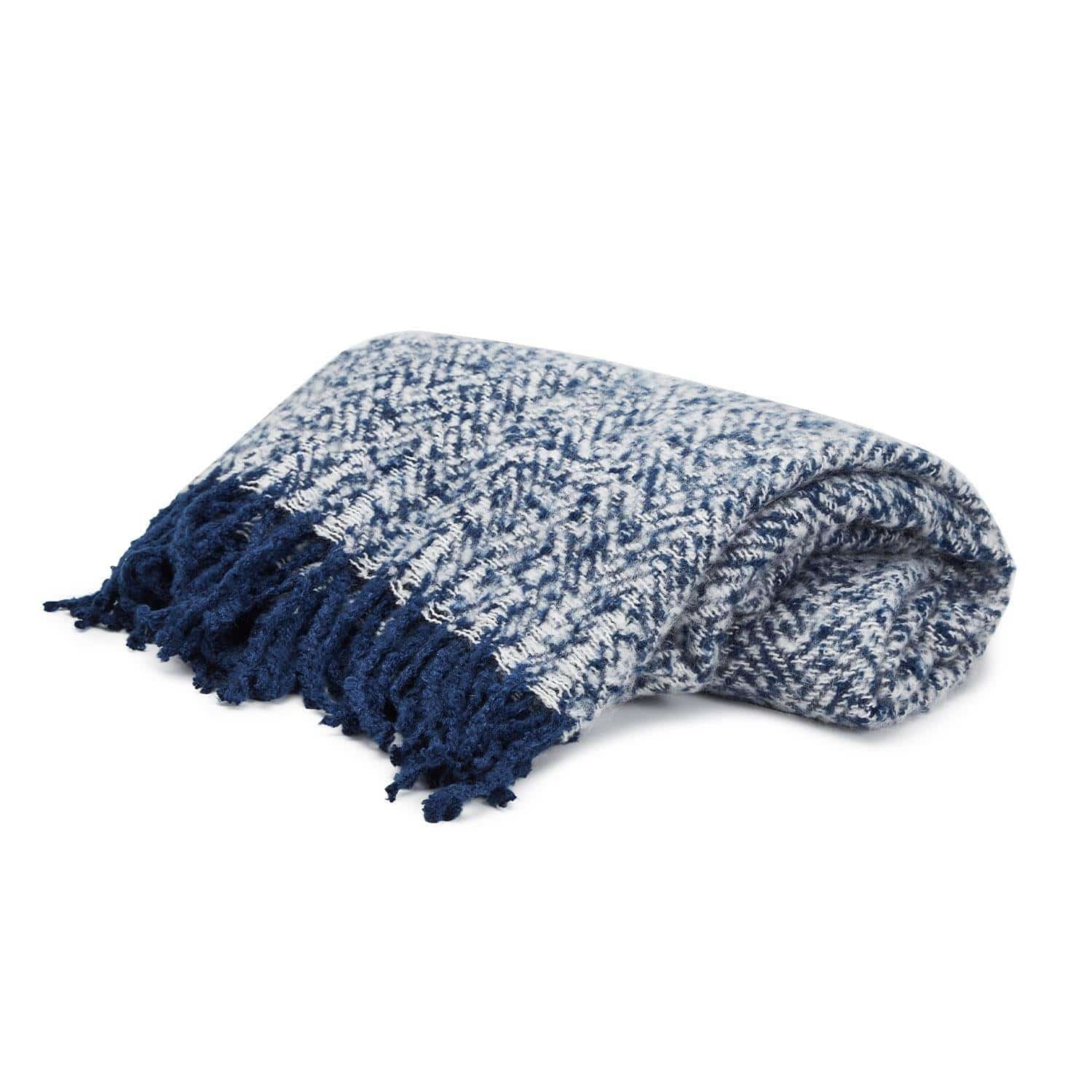 Blue Herringbone Chenille Fringed Throw Blanket - The Preppy Bunny