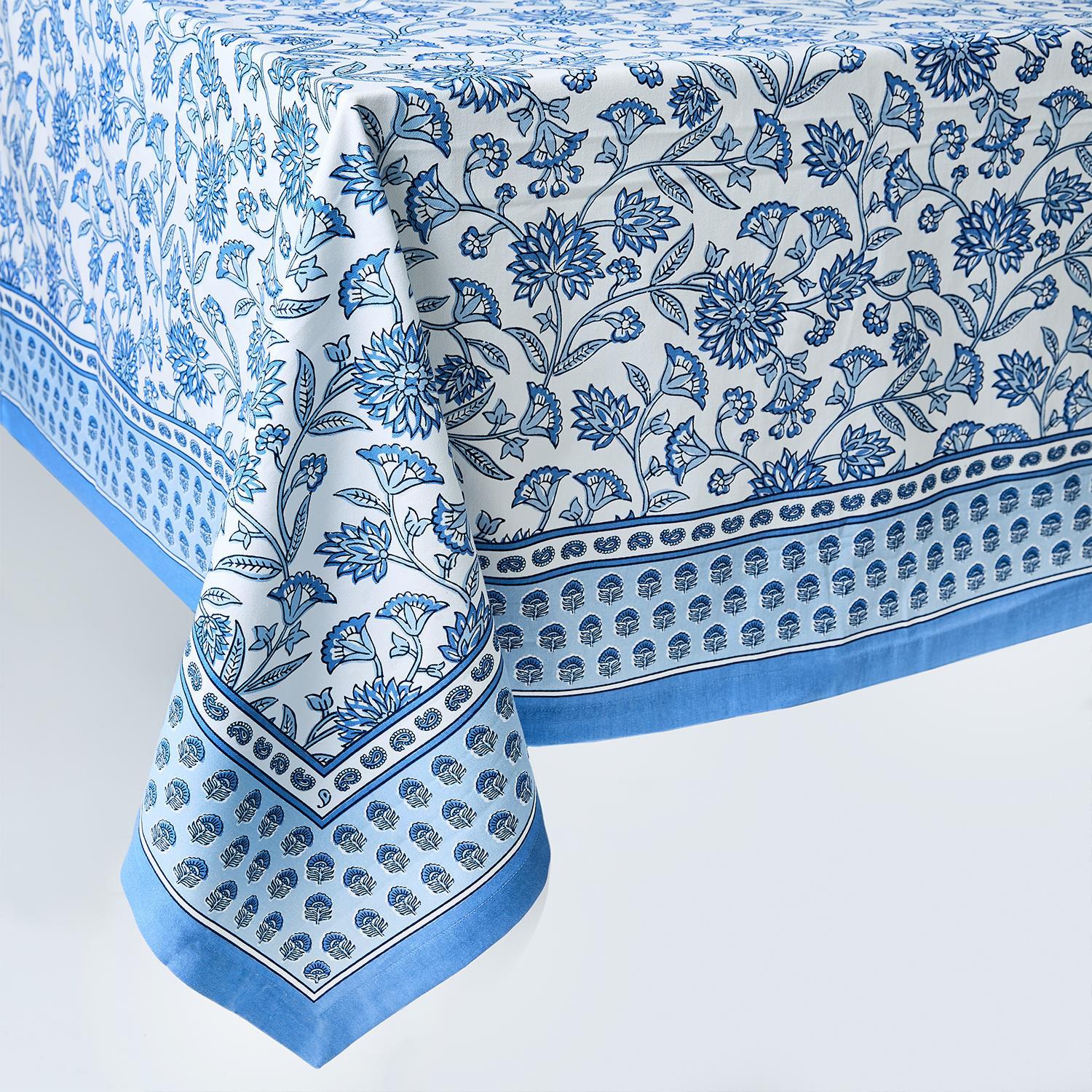 Floral Blue Block Print Design Tablecloth - 2 sizes available - The Preppy Bunny