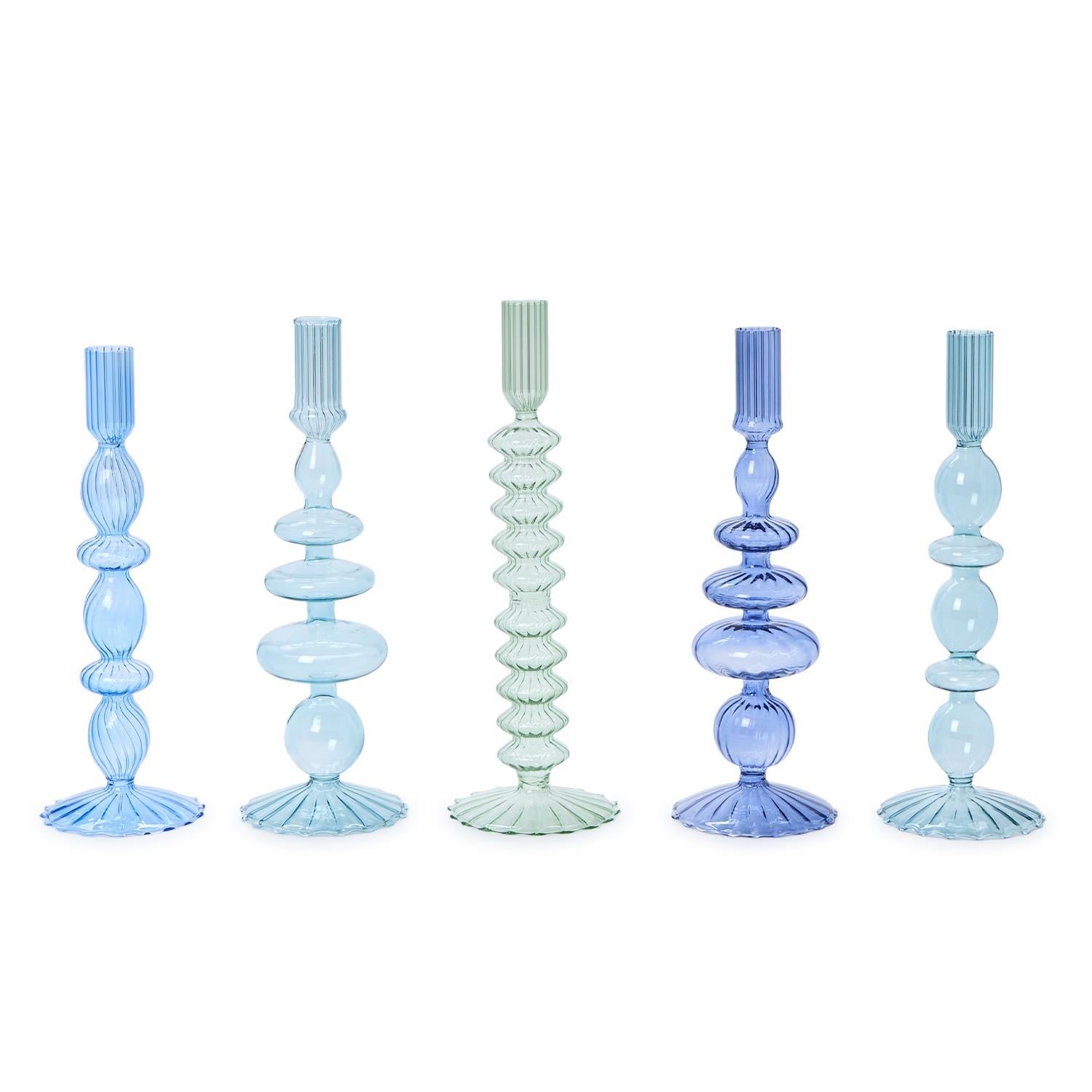 Shades of Blue Hand-Blown Glass Tapered Candlestick Candleholder - The Preppy Bunny