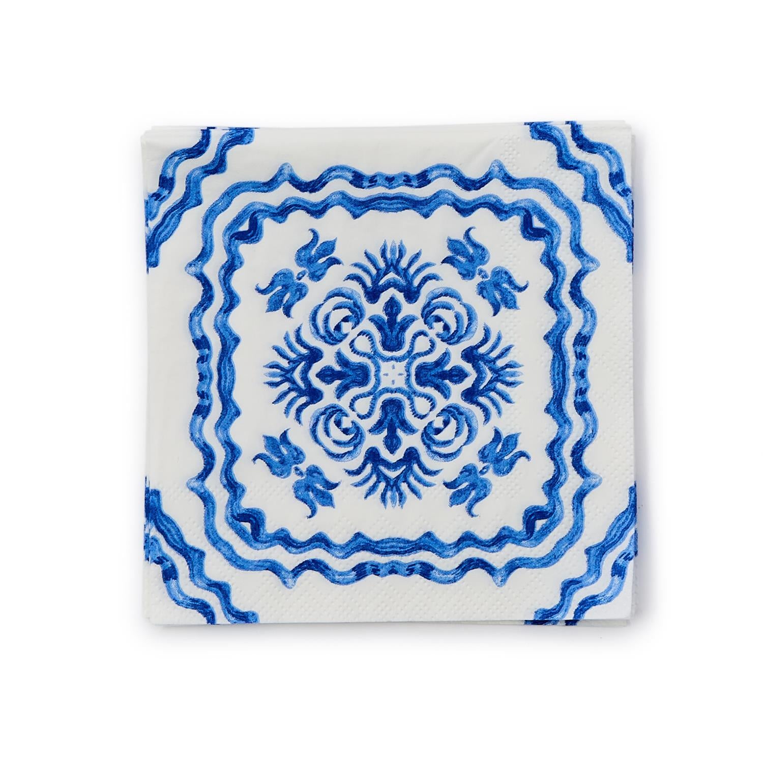 Blue Tile Block Print 3-Ply Paper Cocktail Napkins | The Preppy Bunny