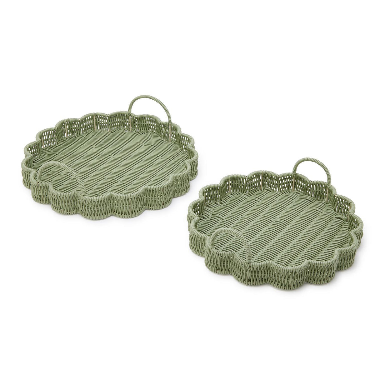 All Weather Wicker Scalloped Edge Green Round Serving Tray with Handles - 2 sizes