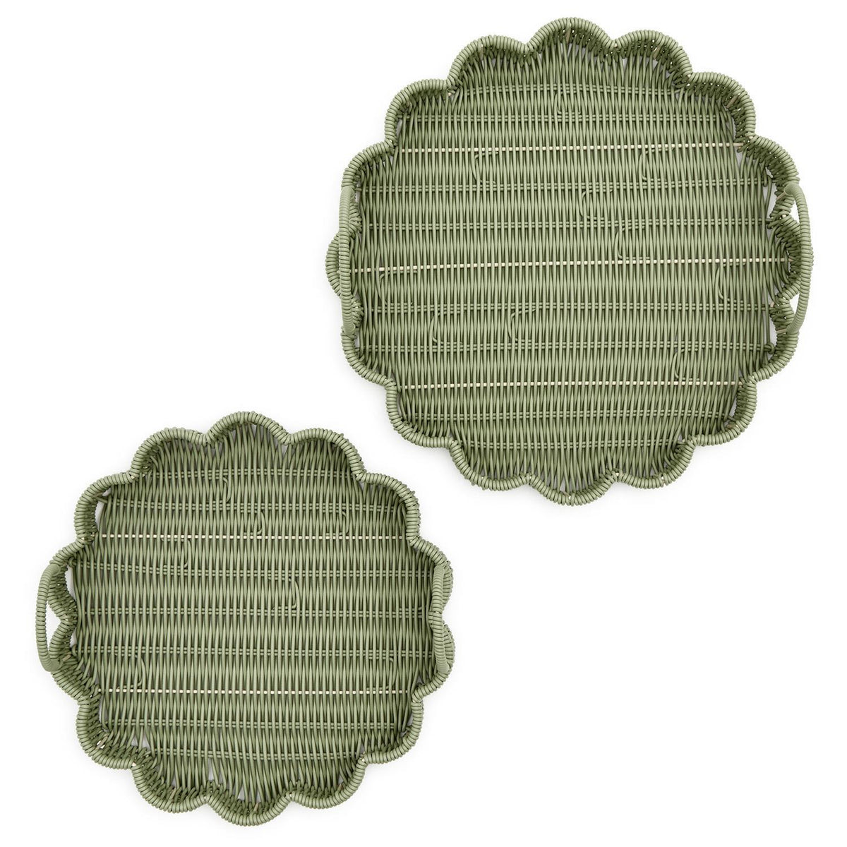 All Weather Wicker Scalloped Edge Green Round Serving Tray with Handles - 2 sizes