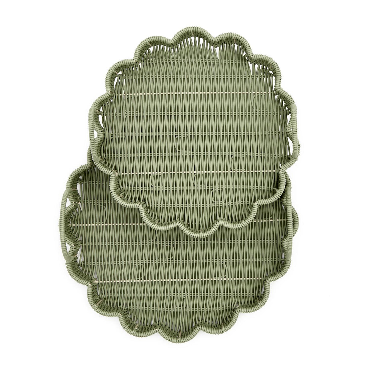 All Weather Wicker Scalloped Edge Green Round Serving Tray with Handles - 2 sizes
