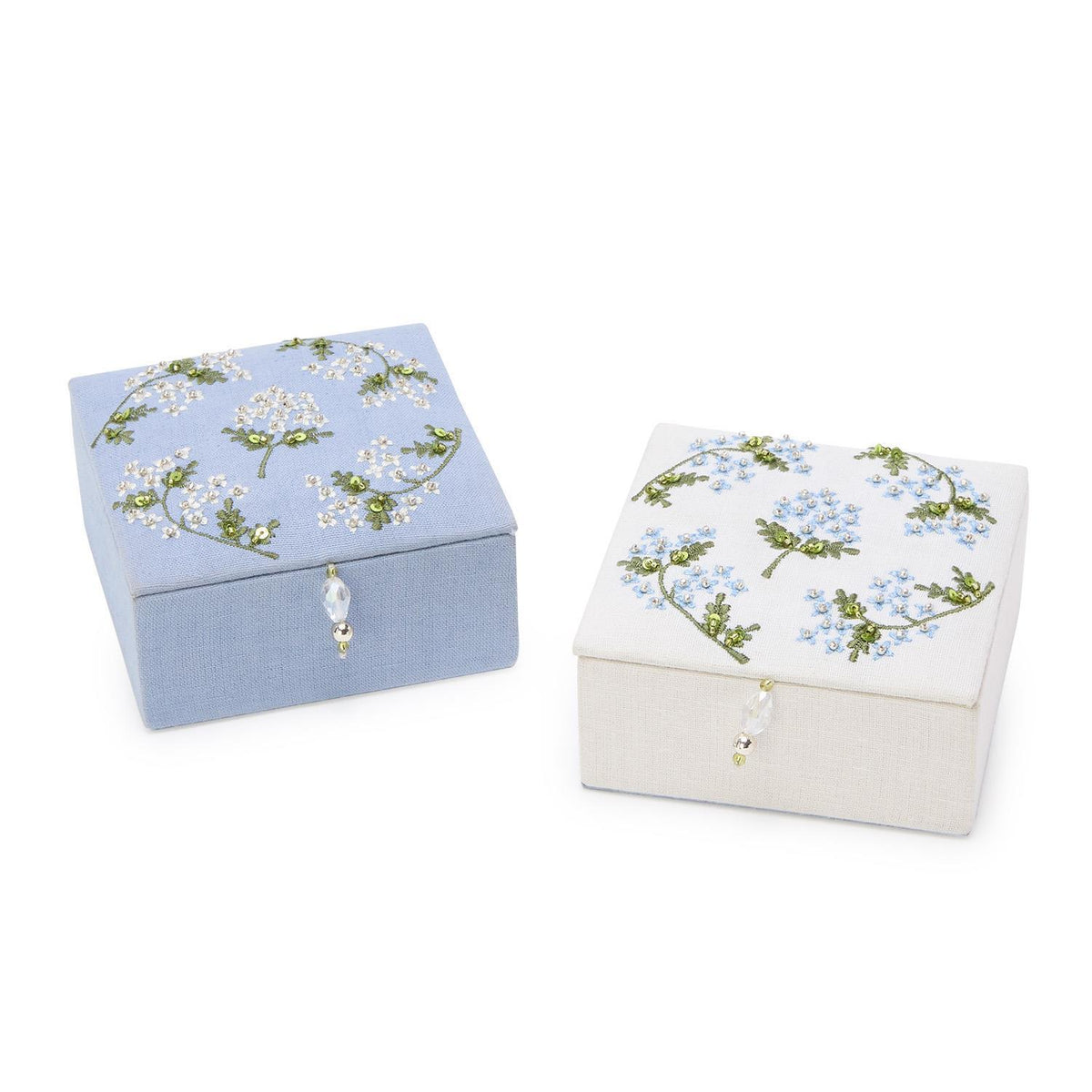 Hydrangea Embroidered and Embellished Linen Fabric Jewelry Box