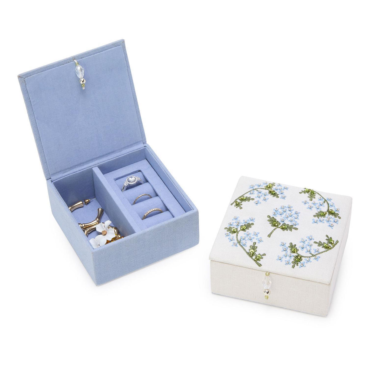 Hydrangea Embroidered and Embellished Linen Fabric Jewelry Box