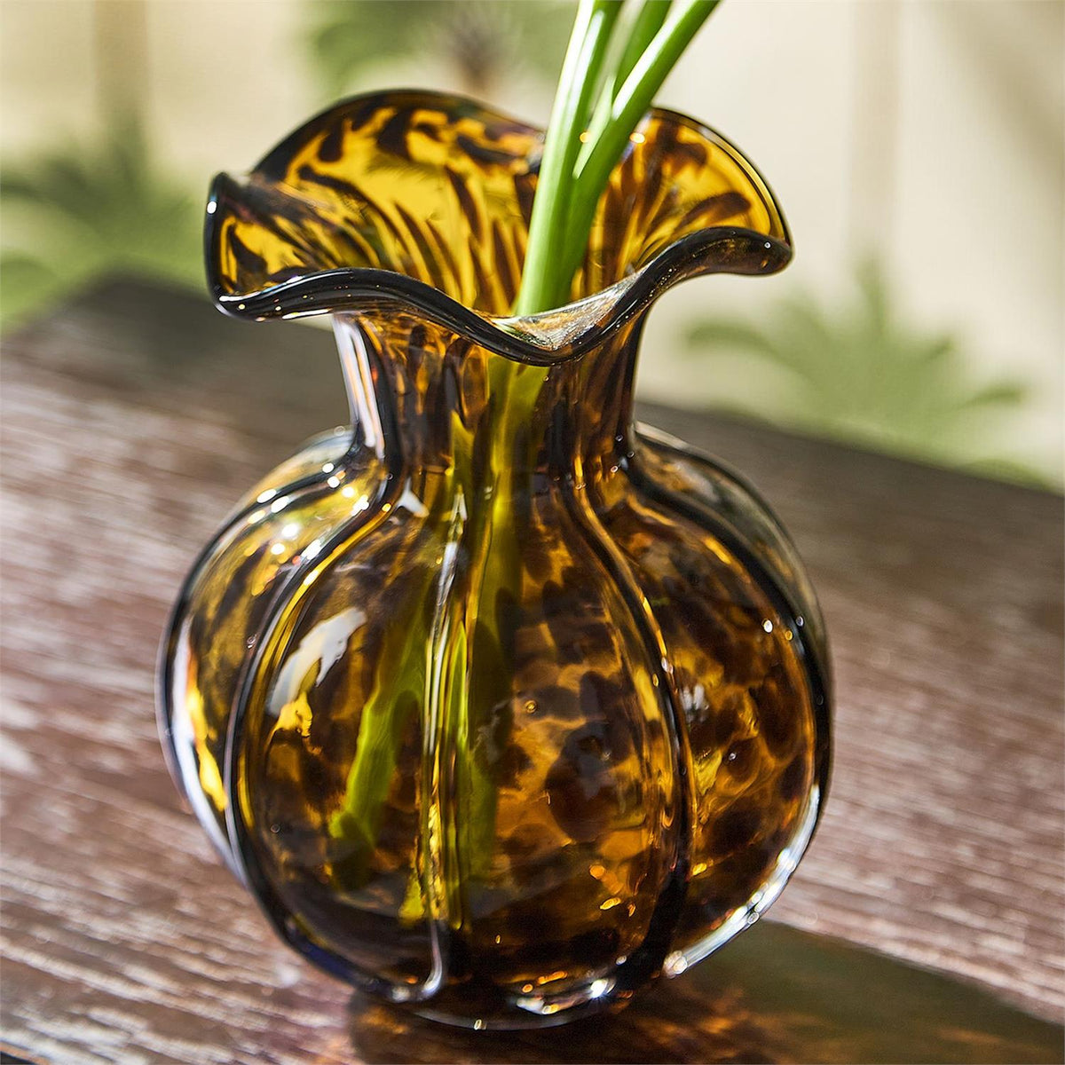 Ruffled Tortoise Print Vase - Hand-Blown Glass - The Preppy Bunny