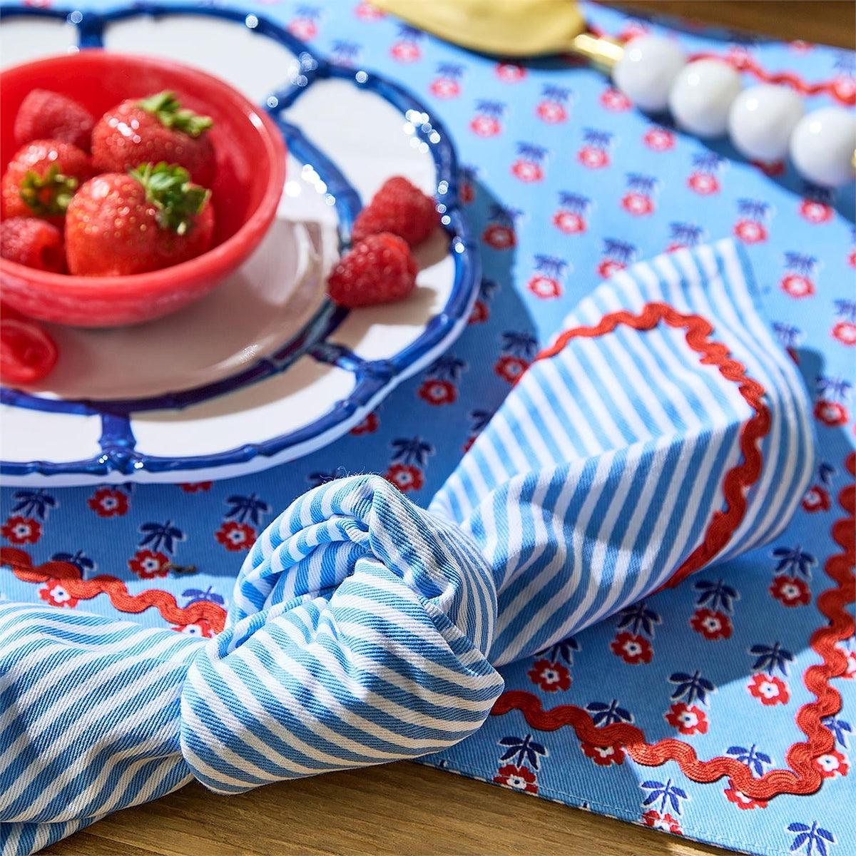 Blue Stripe w/Red Ric Rac Trim Cloth Dinner Napkins
