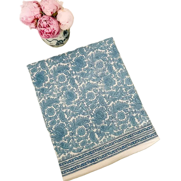 Blue Bird Block Print Tablecloth, 72 x 132 in - The Preppy Bunny