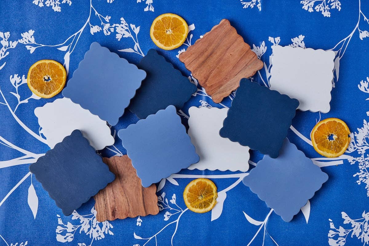 Scalloped Square Wood Coasters in Maritime Colors - Set of 4
