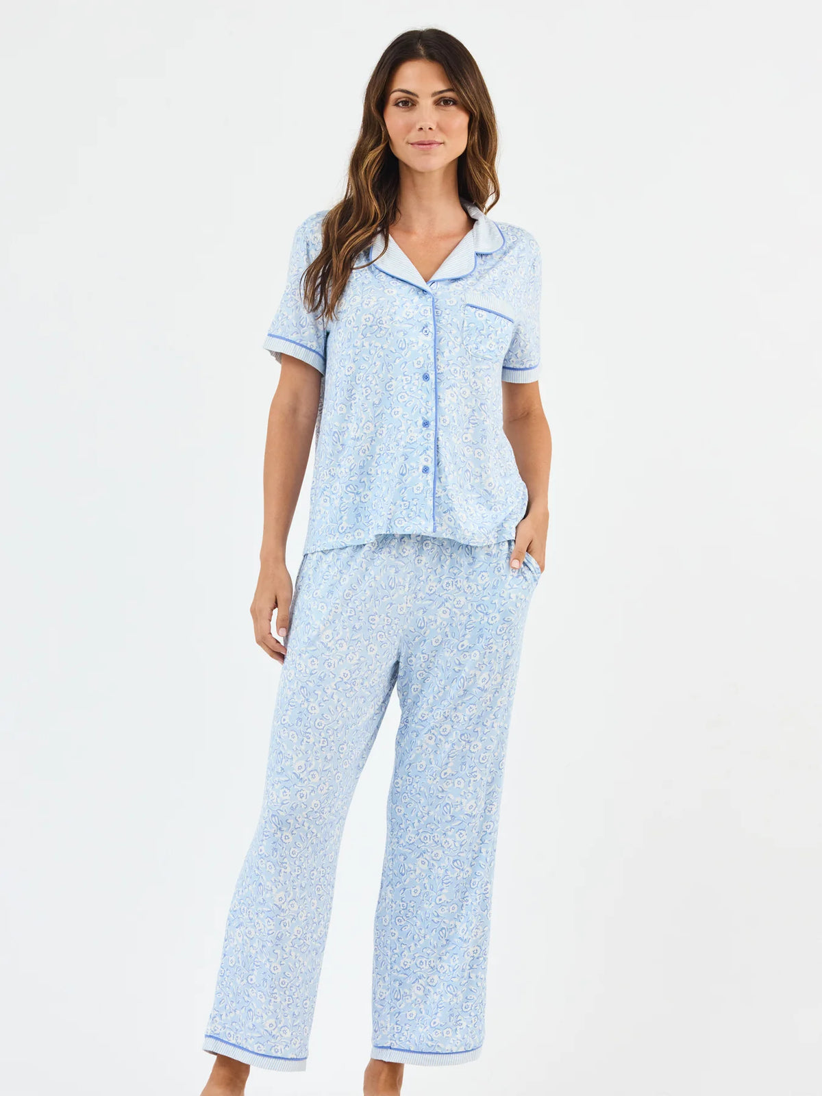 Women's Charlotte Pants Set in Meadow Line Blue Stripe - The Preppy Bunny