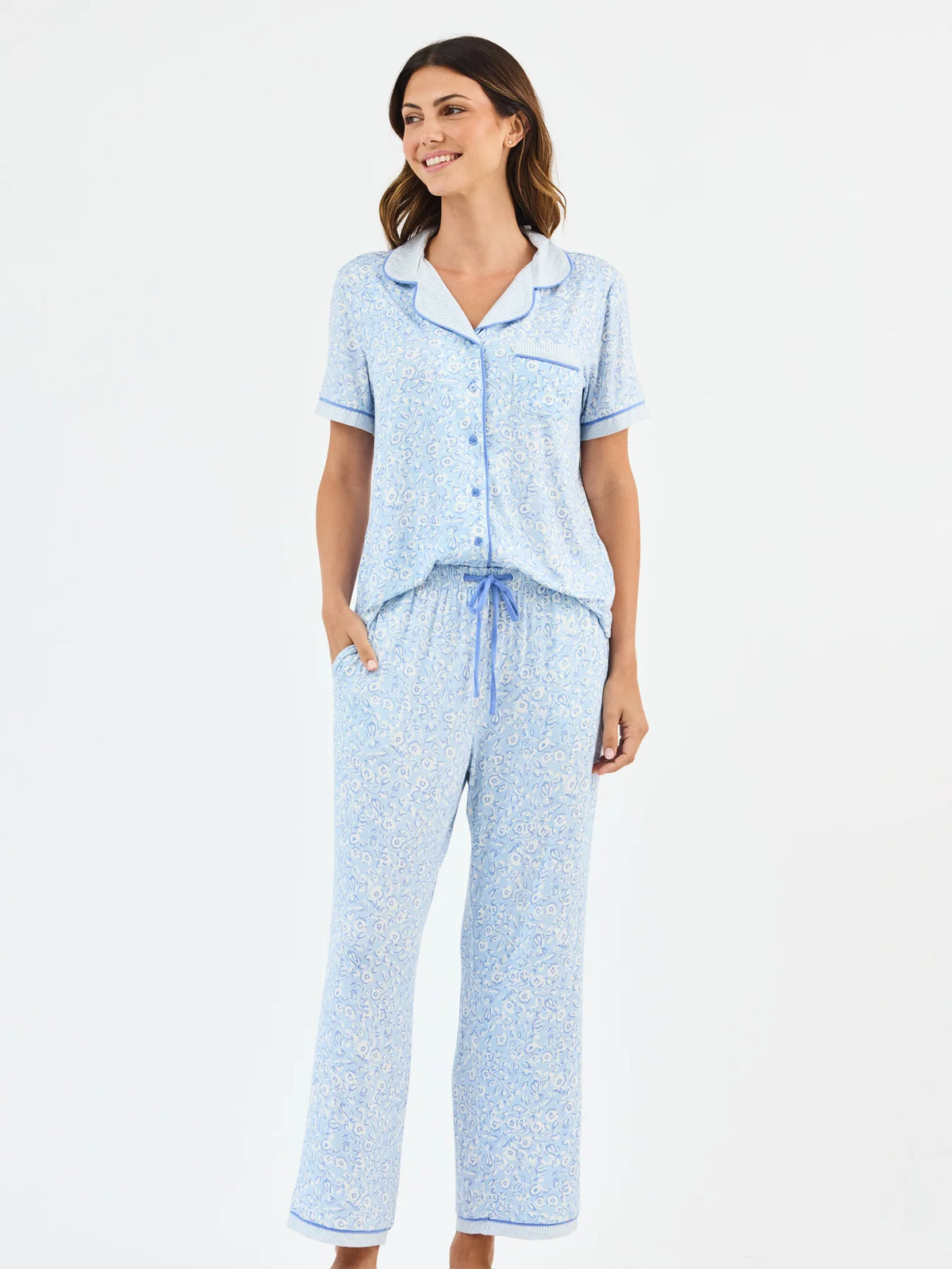 Women's Charlotte Pants Set in Meadow Line Blue Stripe - The Preppy Bunny