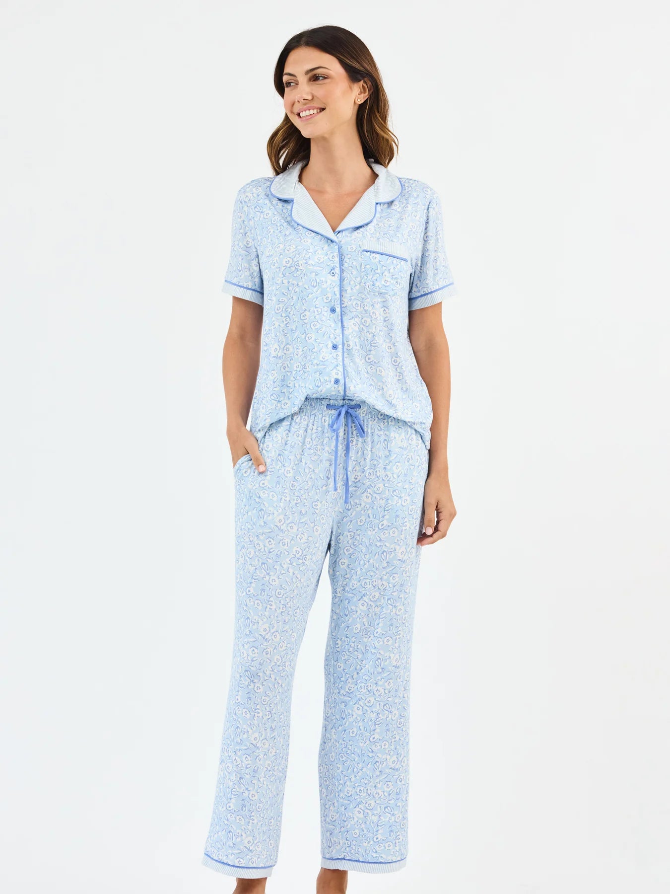 Women's Charlotte Pants Set in Meadow Line Blue Stripe - The Preppy Bunny