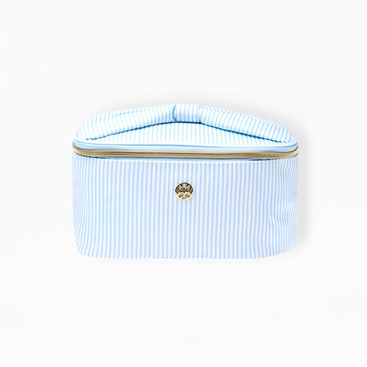 Light blue striped pouch with a gold zipper on a white background