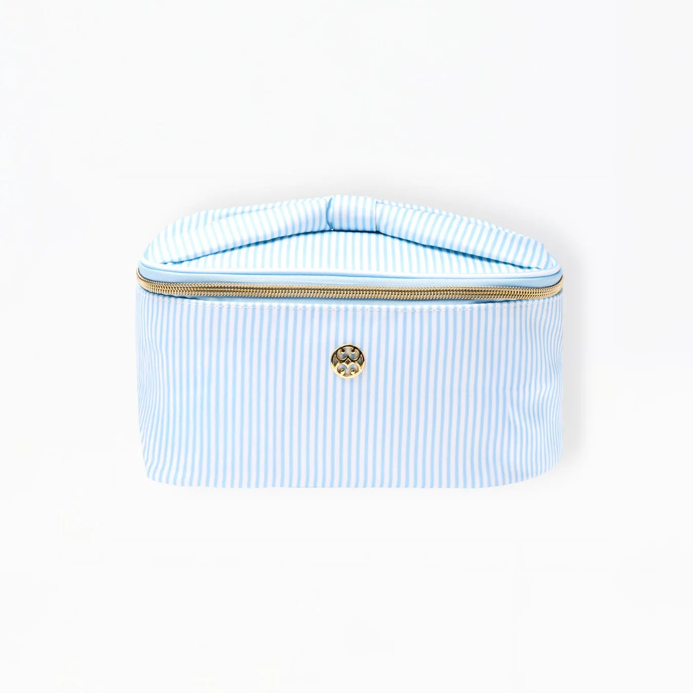 Light blue striped pouch with a gold zipper on a white background