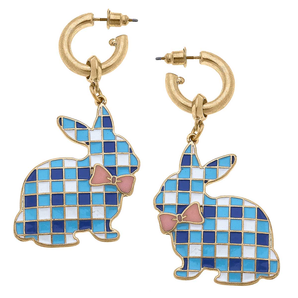 Stella Enamel Gingham Bunny Earrings in Blue &amp; White - The Preppy Bunny