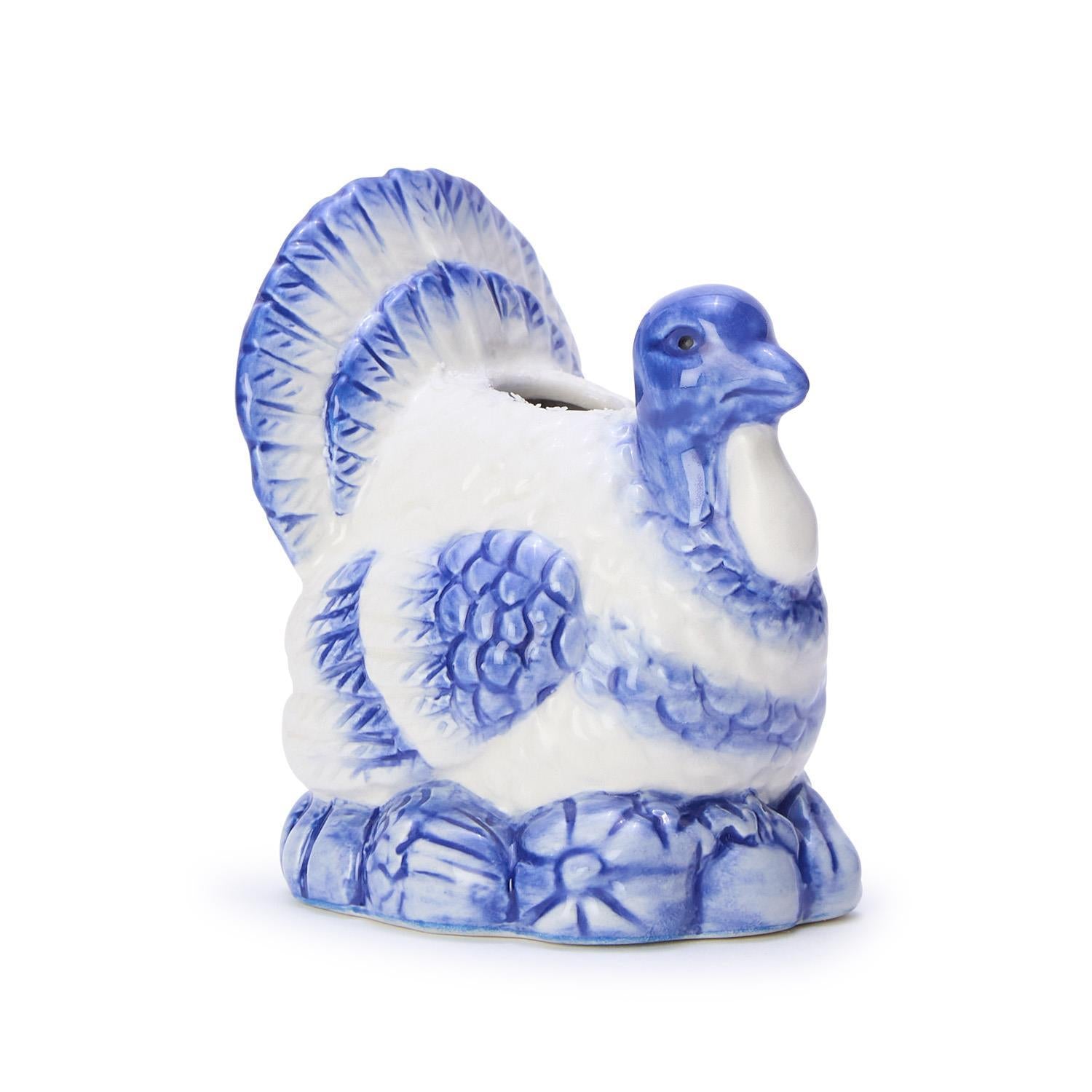 Blue and White Hand Painted Turkey Candleholder - The Preppy Bunny