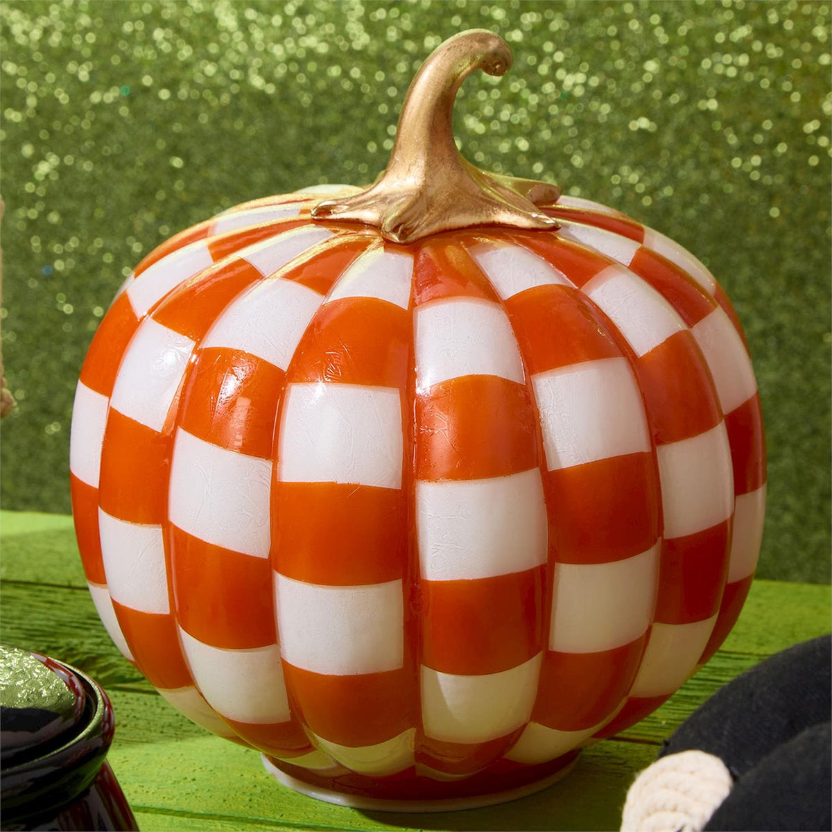 Checkered Orange and White Hand-Painted Light-Up LED Pumpkins - The Preppy Bunny