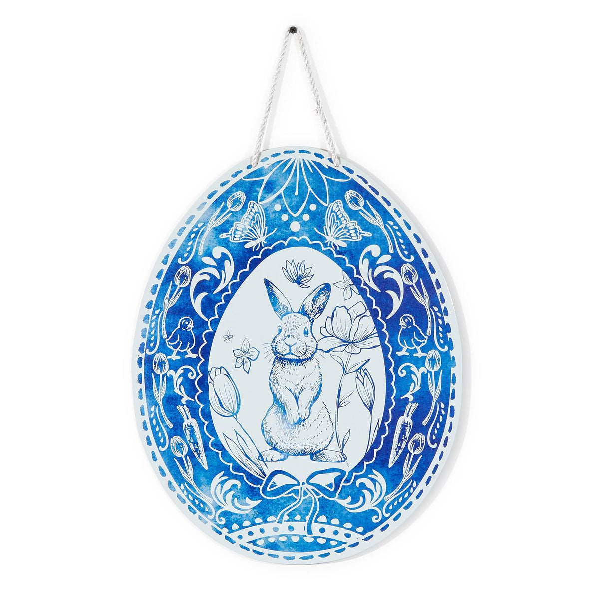Blue and White Egg with Bunny Motif Door / Wall Hanger - Iron/Cotton Rope - The Preppy Bunny
