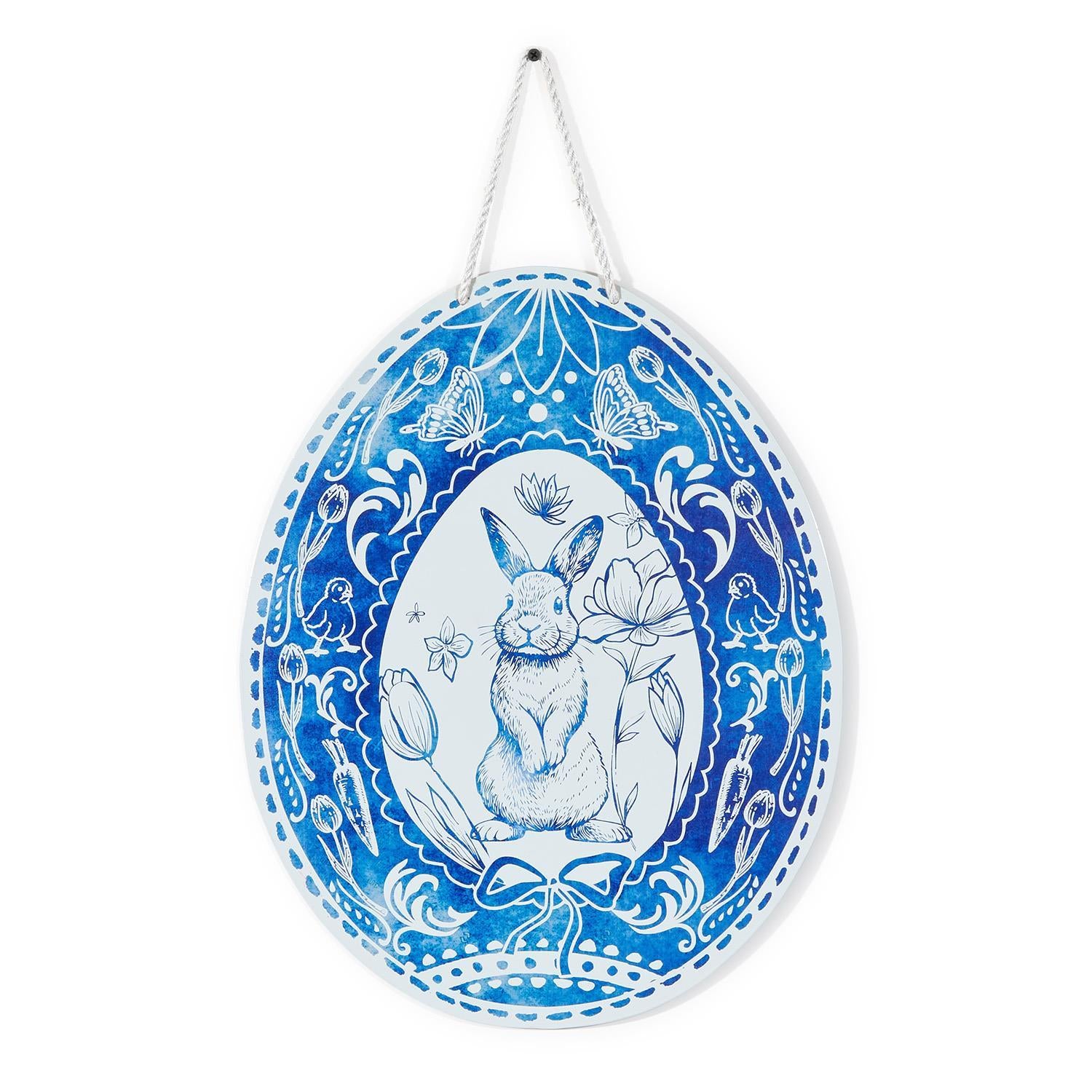 Blue and White Egg with Bunny Motif Door / Wall Hanger - Iron/Cotton Rope - The Preppy Bunny