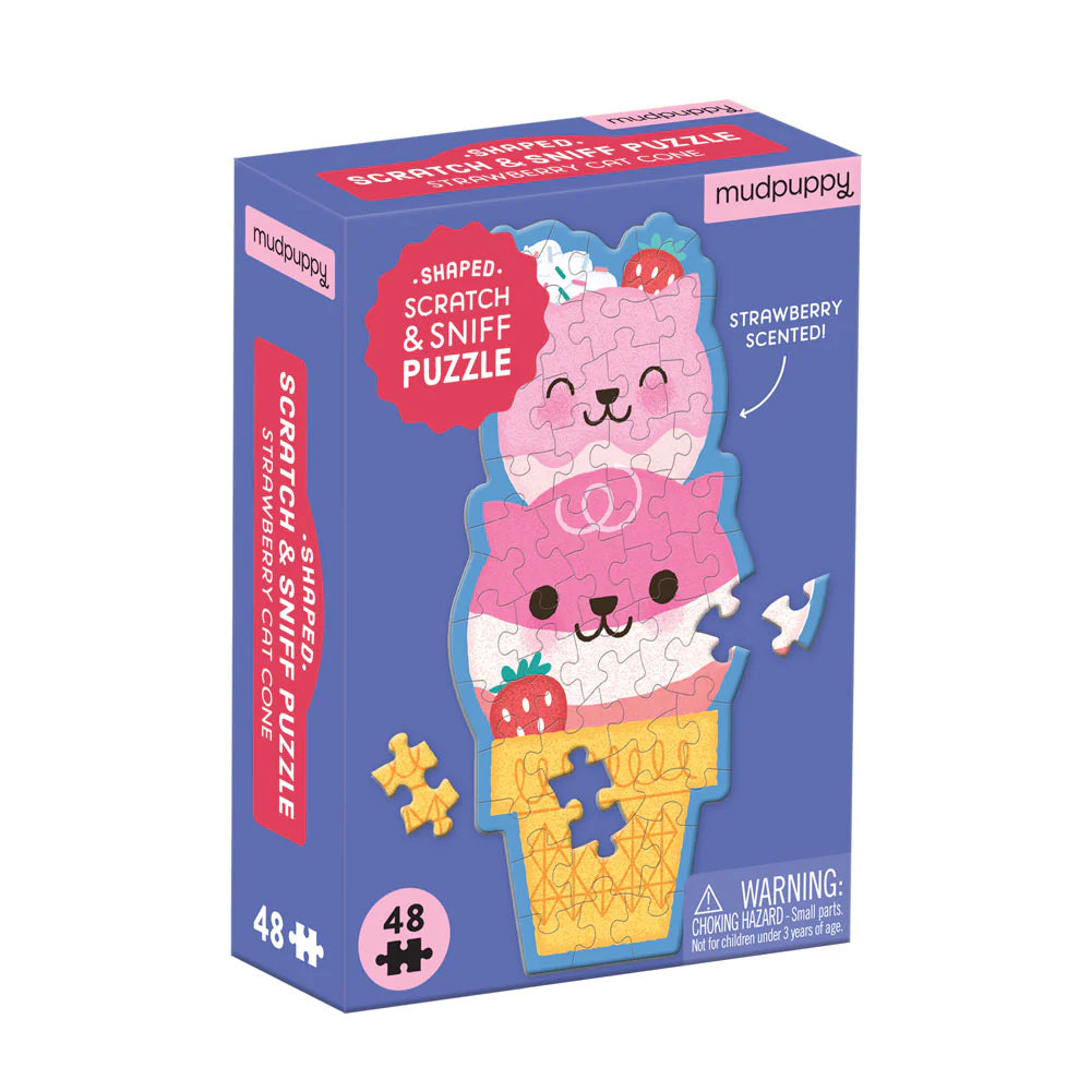 Strawberry Cat Cone 48 Piece Scratch and Sniff Shaped Mini Puzzle - The Preppy Bunny
