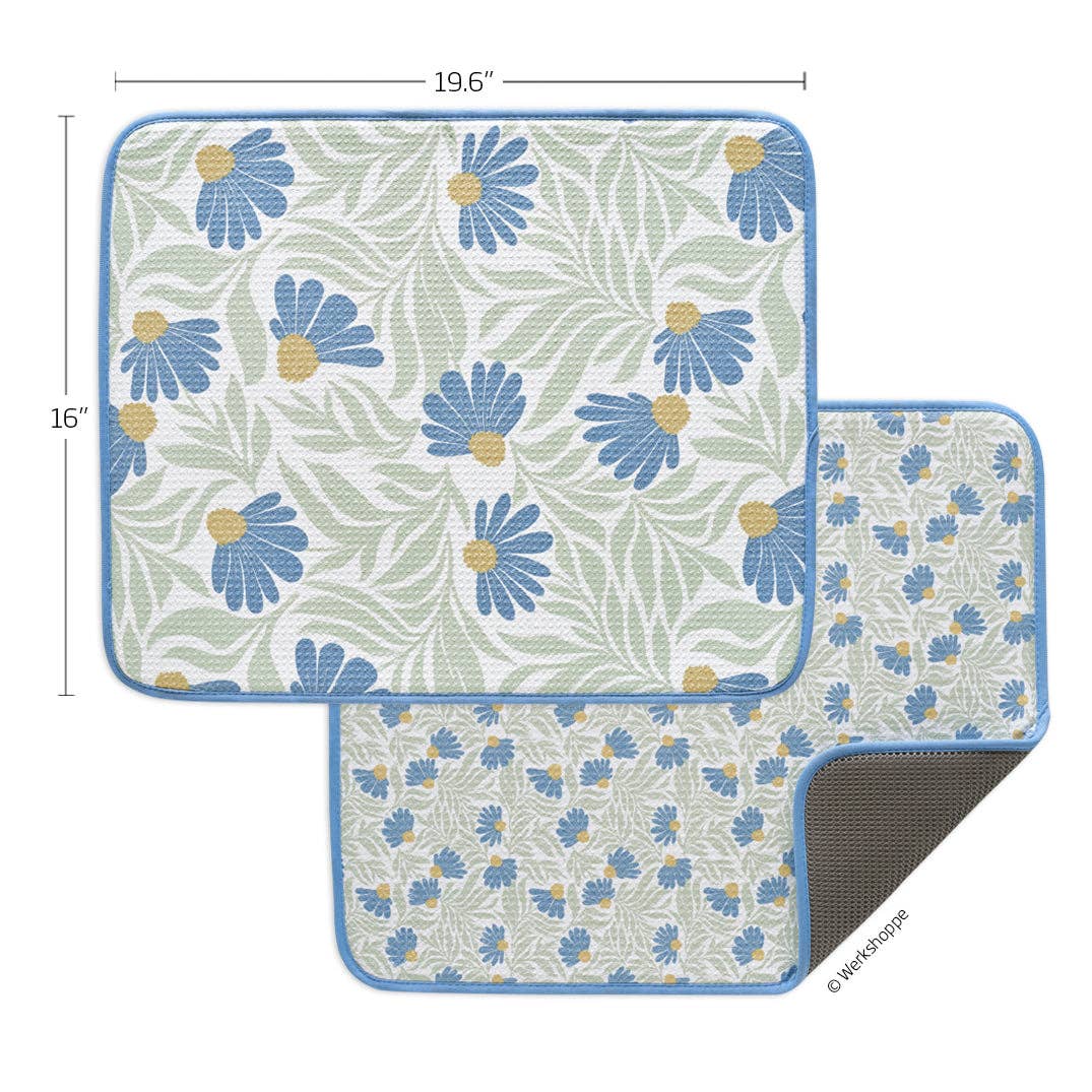 Blue Coneflower Microfiber Dish Drying Mats, Ultra Absorbent - The Preppy Bunny