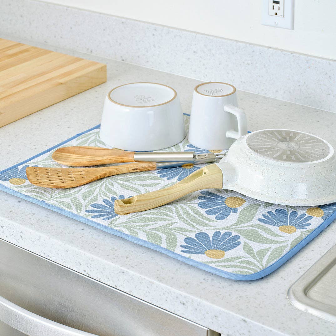 Blue Coneflower Microfiber Dish Drying Mats, Ultra Absorbent - The Preppy Bunny
