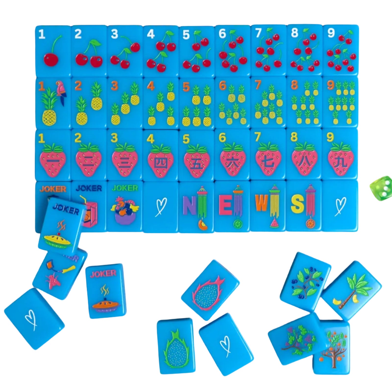 Colorful mahjong game tiles with numbers, letters, and symbols on a white background