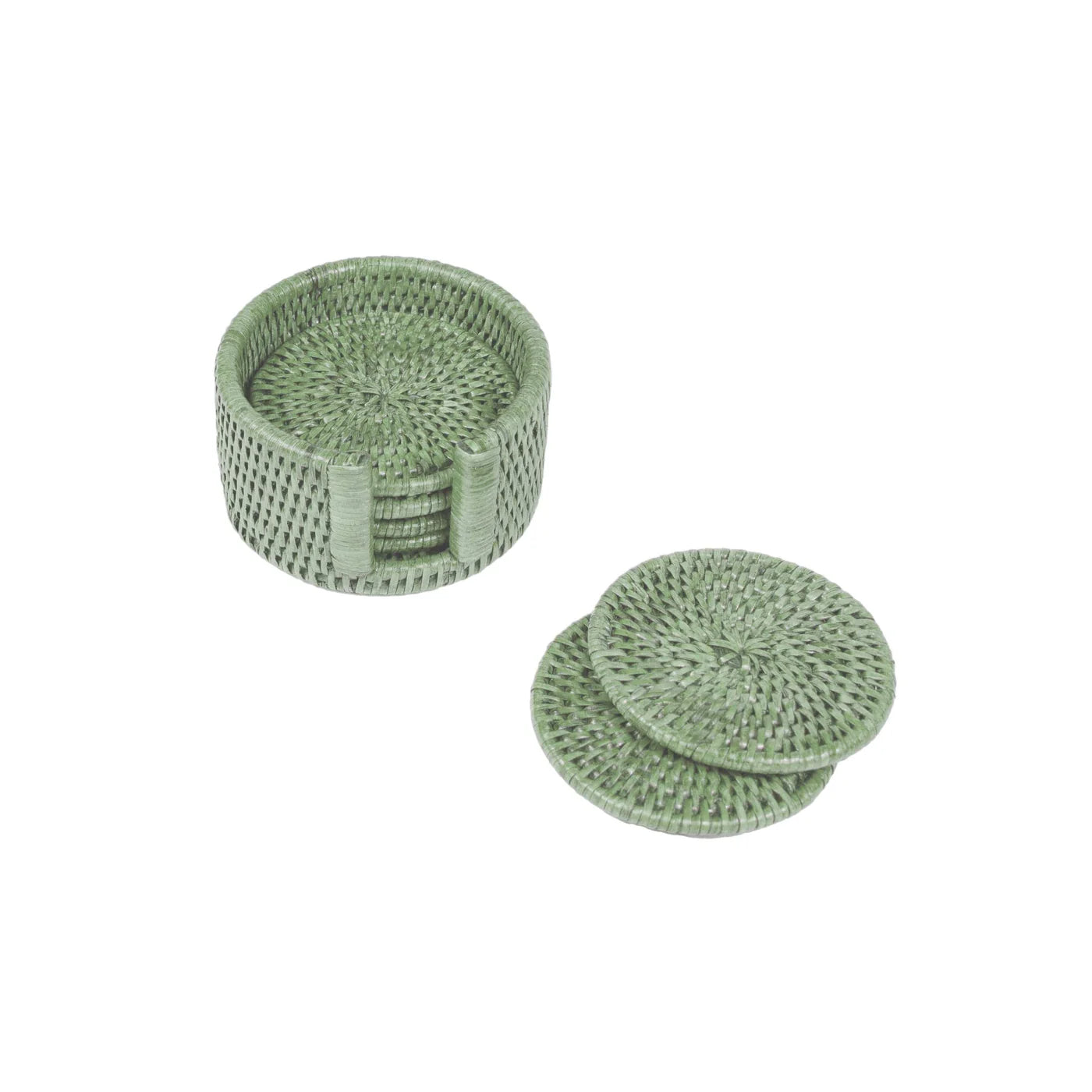 Rattan Round Coaster and Holder Set in Green - Set of 6