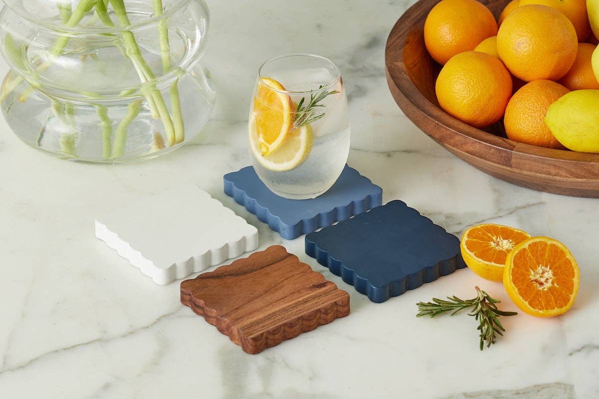 Scalloped Square Wood Coasters in Maritime Colors - Set of 4