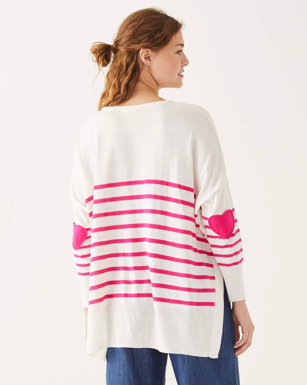 Amour Sweater with Heart Patch - White / Raspberry Stripe - One Size - The Preppy Bunny