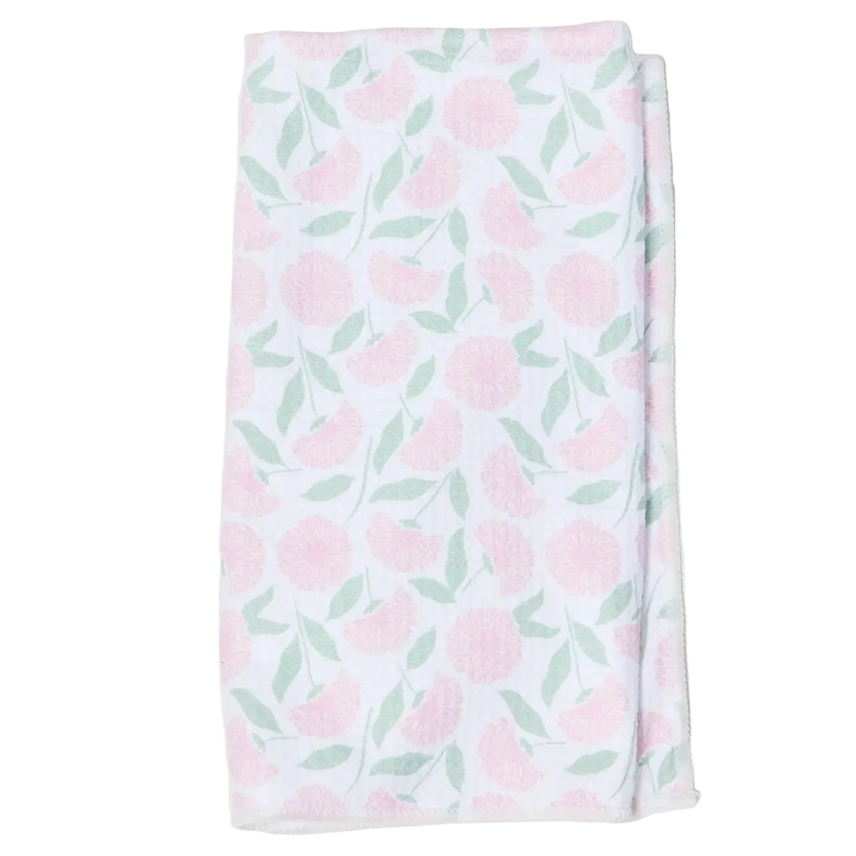 Floral patterned towel with pink flowers and green leaves on a white background