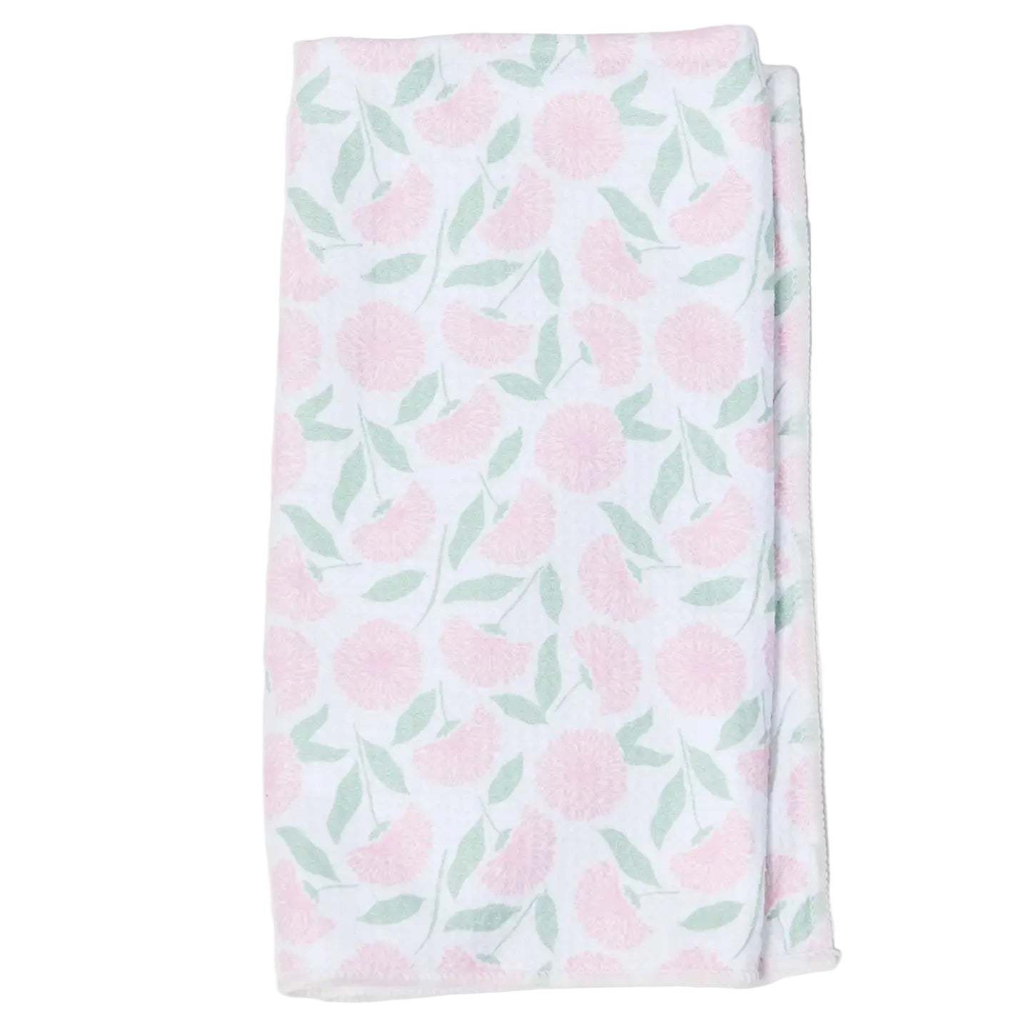Floral patterned towel with pink flowers and green leaves on a white background