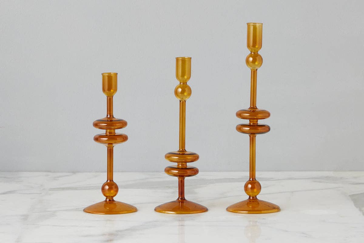 Glass Candlestick in Amber Orange - Medium - The Preppy Bunny